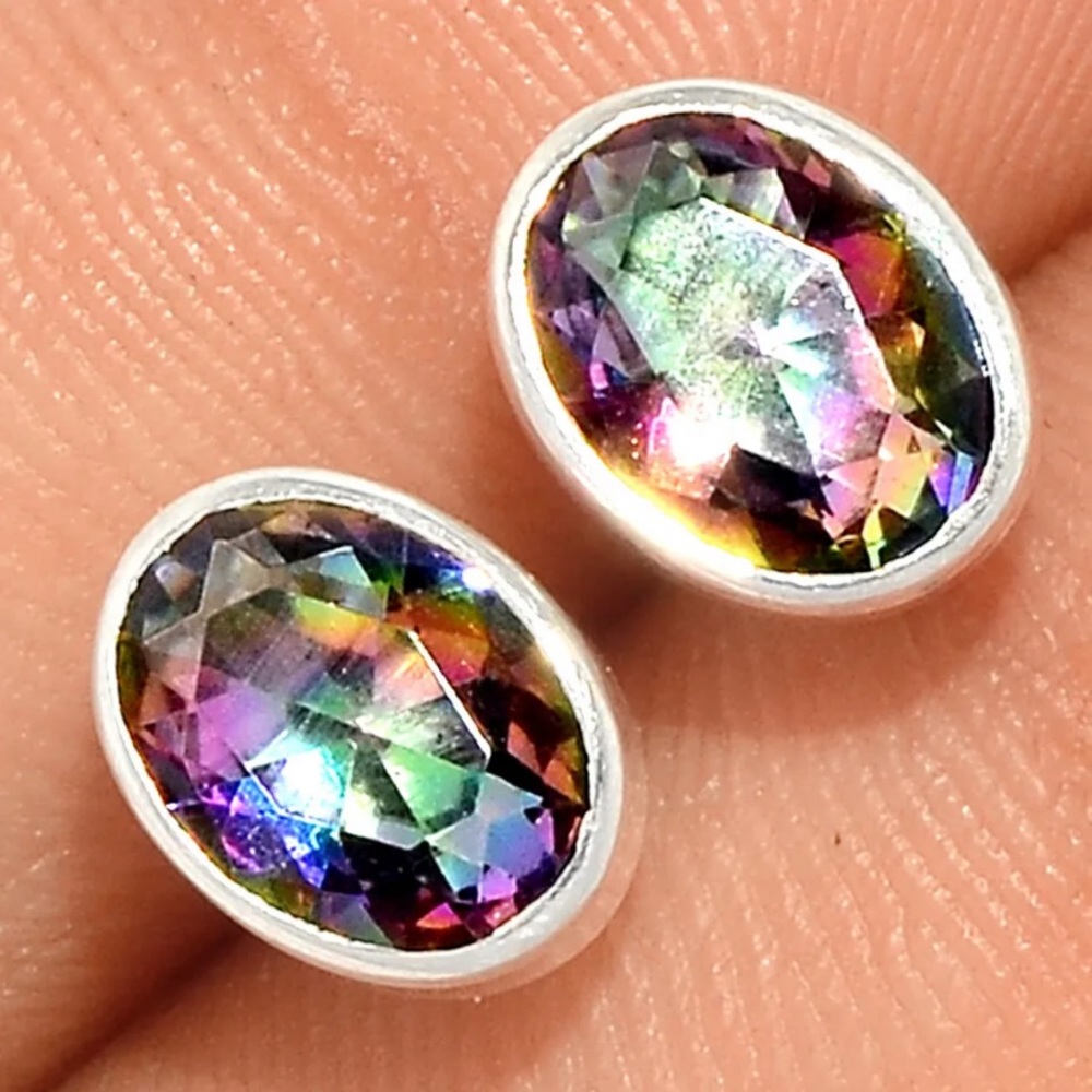 925 Sterling Silver Oval Faceted Rainbow Quartz Inlayed Stud Earrings Jewelry